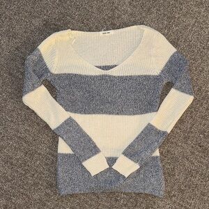 Pink Rose V-Neck Sweater - Cream and Gray Stripes